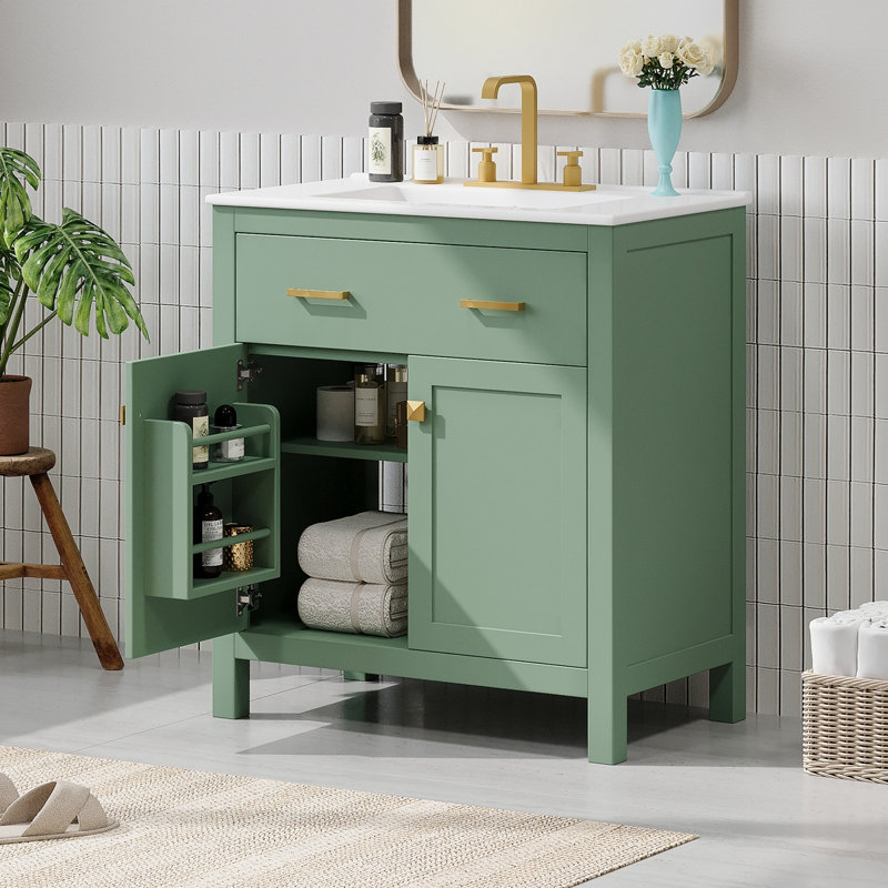 Meuble-lavabo simple avec lavabo en céramique, Vert, Or