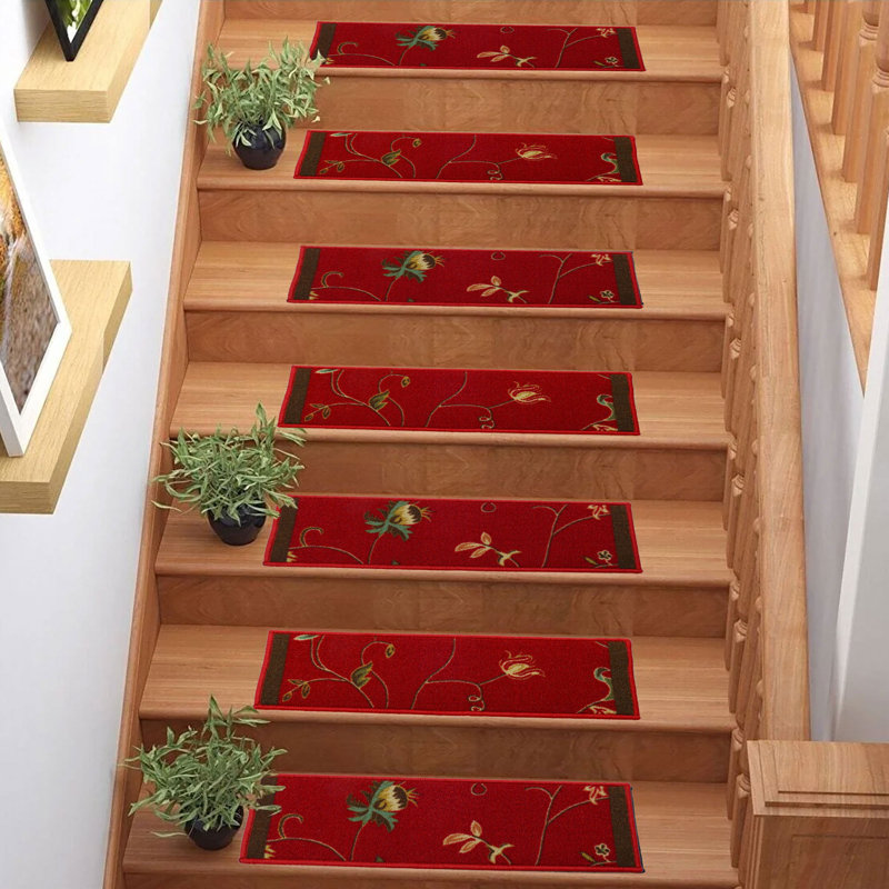 Tapis d'escalier à motif floral lavable sur mesure, Green, Rectangle 11 po x 3 pi