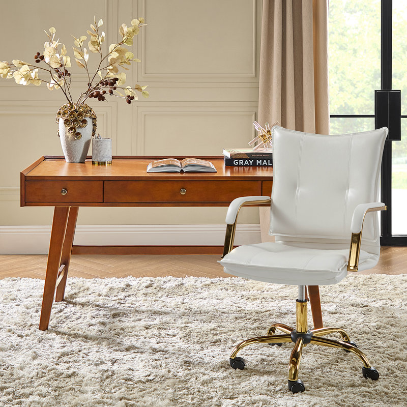 Lundgren Mid Century Modern 2-Piece Faux Leather Office Chair with Padded Arms and Solid Wood Built-in Outlets Desk Set