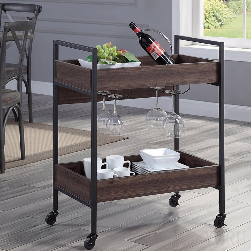 Rectangular Serving Cart With 2 Tier Shelf, Walnut And Black
