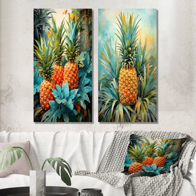 Ensemble de salon vert et bleu avec ananas tropicaux I - fruits, art mural en métal
