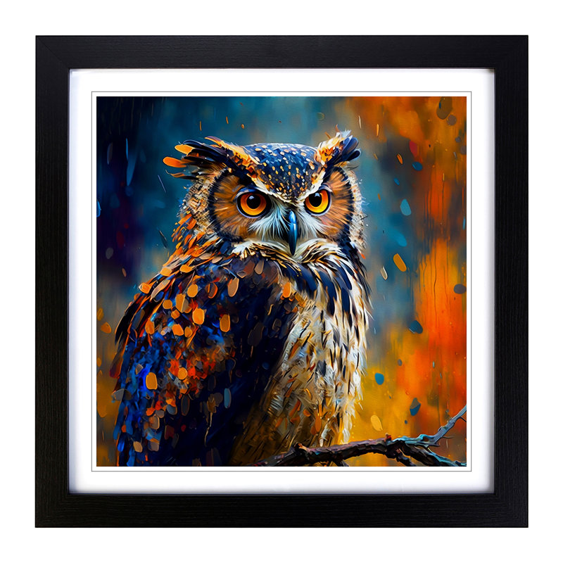 Owl Palette Knife Painting - Single Picture Frame Print on Wood, Black