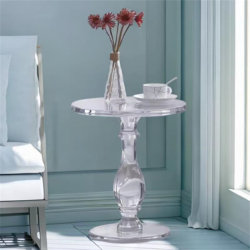 Modern Clear Acrylic Side Table with Roman Column Base - Round Pedestal End Table for Living Room or Bedroom