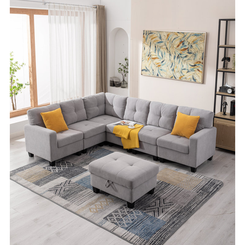 Reversible Modular Corner Sectional Sofa & Ottoman Set, Light Gray Polyester