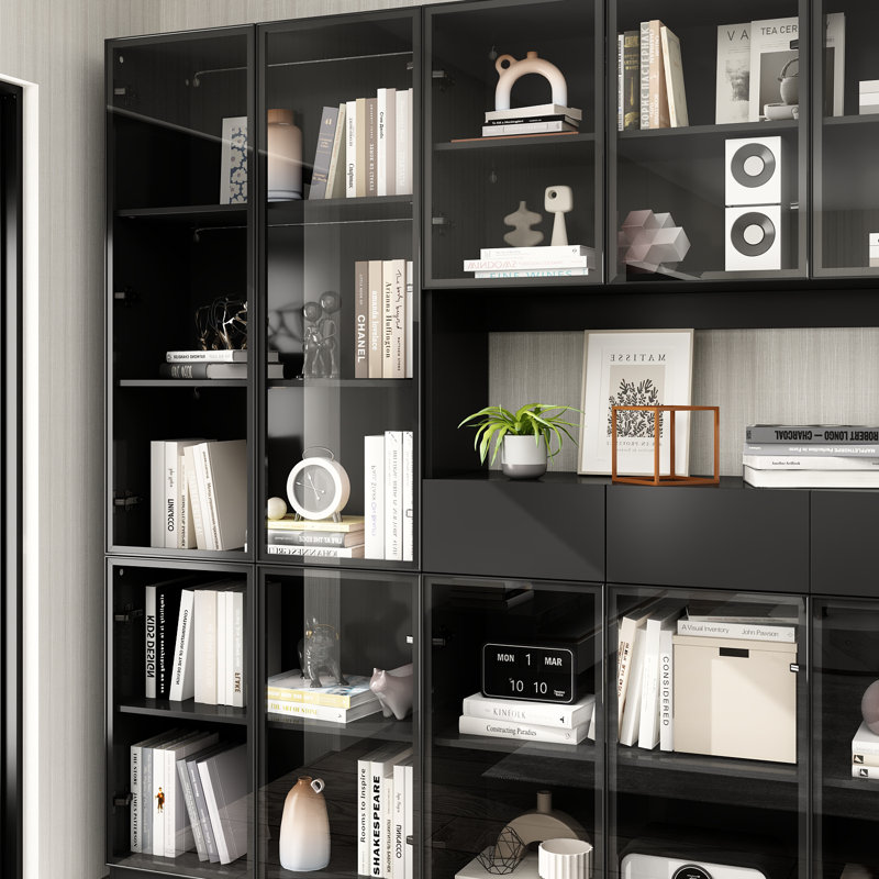 78.7'' H x 110 '' W Combination Bookcase Display Cabinet With Glass Doors & LED Lights, Black