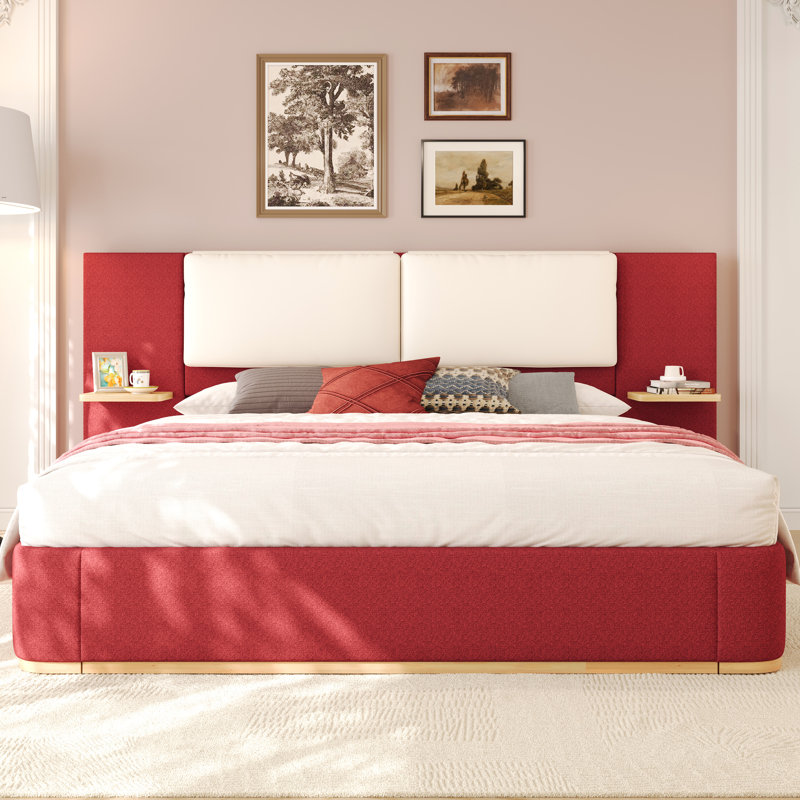 Queen Size Red Upholstered Platform Bed With Soft Rounded Corners, Comfortable Lean, No Box Spring, Side Shelves For Items Panel, Easy Assembly, Stable Structure,