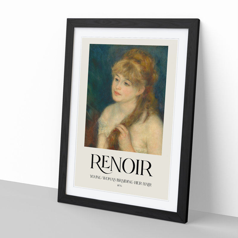 Woman Braiding Her Hair Print by Pierre-Auguste Renoir - Picture Frame Painting, Black, 36cm H x 27cm W x 2cm D