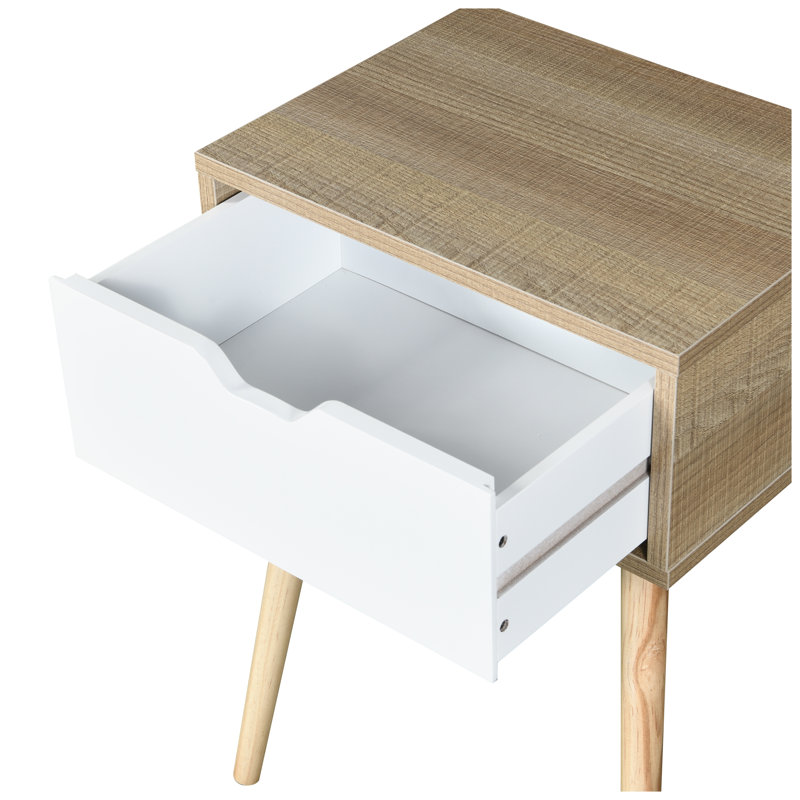 Table d'appoint Mid-Century moderne avec tiroir, table de chevet décorative blanche et bois naturel pour la chambre à coucher ou le salon