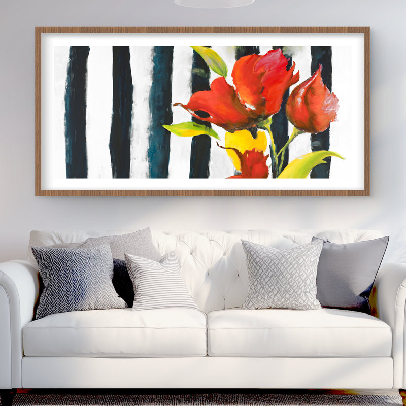 Fleurs sur rayures noires et blanches | Reproduction encadrée avec passe-partout, Brun, Blanc / noir / rouge