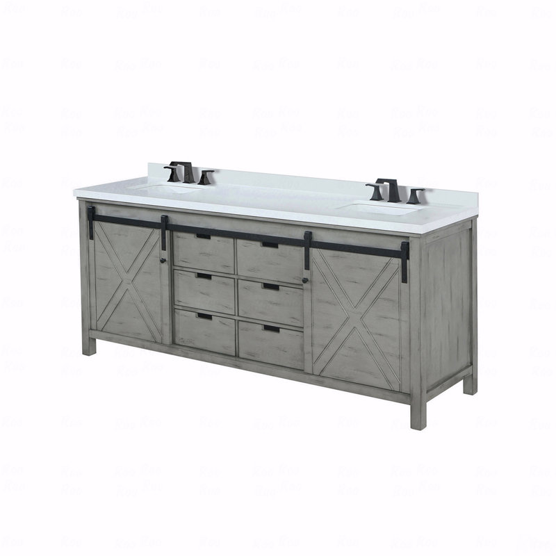 Ensemble de meuble-lavabo à double cuve 84 po de largeur x 22 po de profondeur avec comptoir en quartz blanc et robinet, Gris