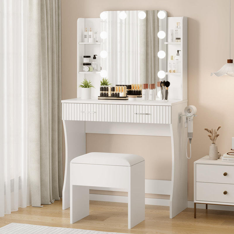 Vanity Desk, Vanity Mirror with Lights for Makeup, Makeup Vanity with Three-Tier Open Shelves, Vanity Table with 2 Sliding Drawers (4 Dividers) Wider Desktop Hair Dryer Holder Stool Included, White