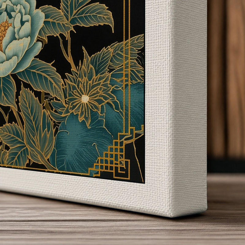 Peonies and Gold Botanical - Wrapped Canvas, 24x16 - 61.0 x 40.6 cm, Cream Border