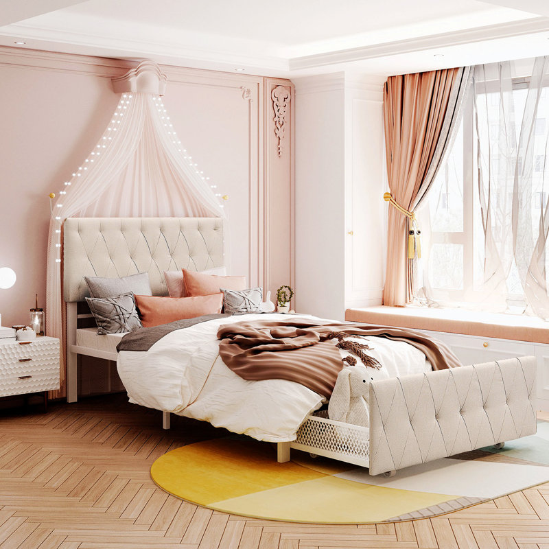 Lit rembourré avec rangement Menthe, Simple, Beige