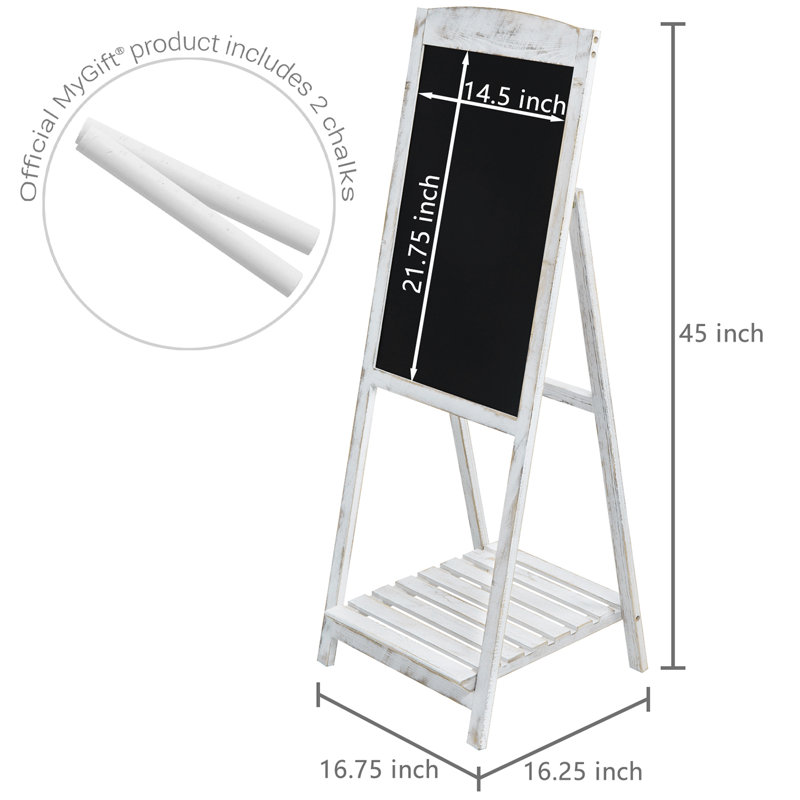 Shabby Whitewashed Wood Chalkboard Sign – 45" A-Frame Freestanding Display with Storage Shelf