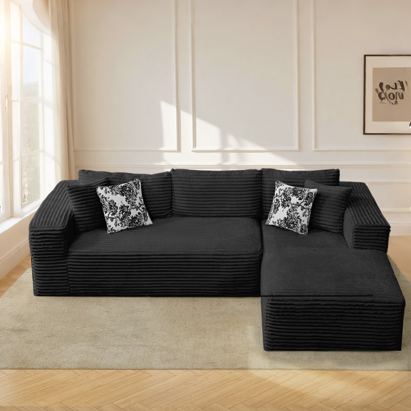 Modular 3-Seat Sectional Sofa With Chaise, Deep Seat Faux Fur Couch, No-Assembly Plush Lounge Sofa With Wide Armrests And 4 Decorative Pillows For Living Room Or Apartment