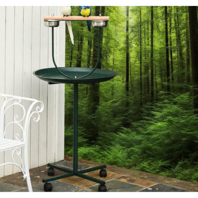 Oiseau en acier avec perchoir spacieux pour la période d'activité, plateau de 23,5 po de large à bord haut, bois en acier inoxydable et sapin, aire de jeu à base de roues avec perchoir, coffre-fort, base