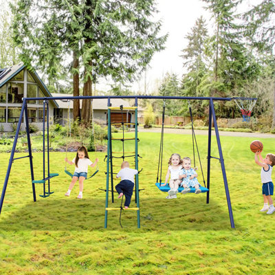Balançoire 6 en 1 avec grimpeur, filet, balancelle, balançoire, cerceau de ceinture pour la cour arrière - construction en acier multicolore, conception stable et activités extérieures simples avec cerceau, cordes réglables