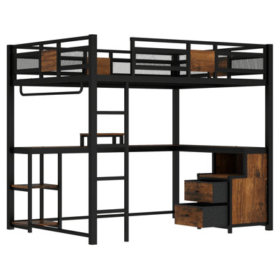 Lit mezzanine avec bureau et rangement, structure en métal, conception silencieuse, sans sommier, idéal pour les petits espaces