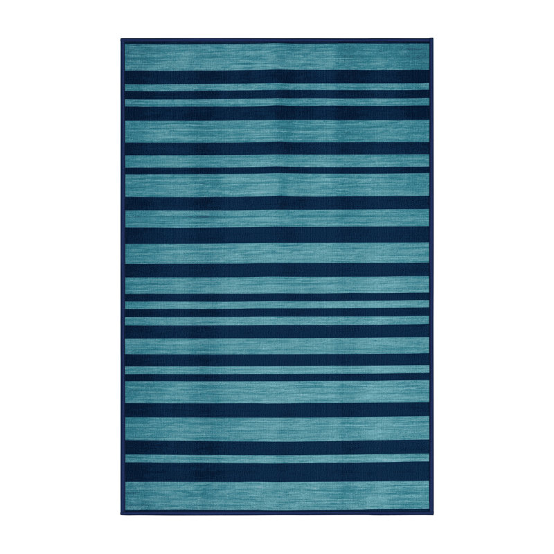 Tapis bleu à rayures horizontales lavable à la machine, Rectangulaire 2 pi x 3 pi