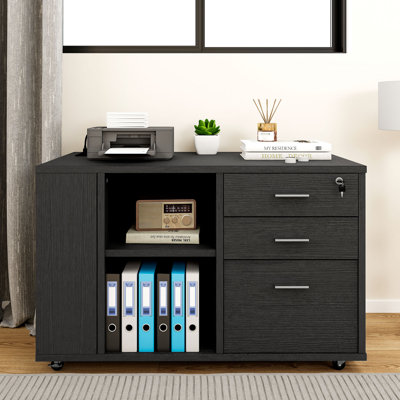 Ardeha 39" W 3-Tiers Wood Storage File Cabinet with 3 Drawers &3 Side Storage Shelve &Built-In Outlet by Wade Logan