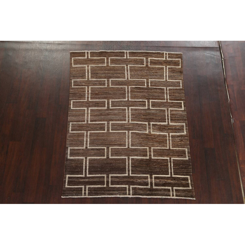 Tapis unique brun / beige noué à la main 4 pi 9 po x 6 pi 3 po New Age