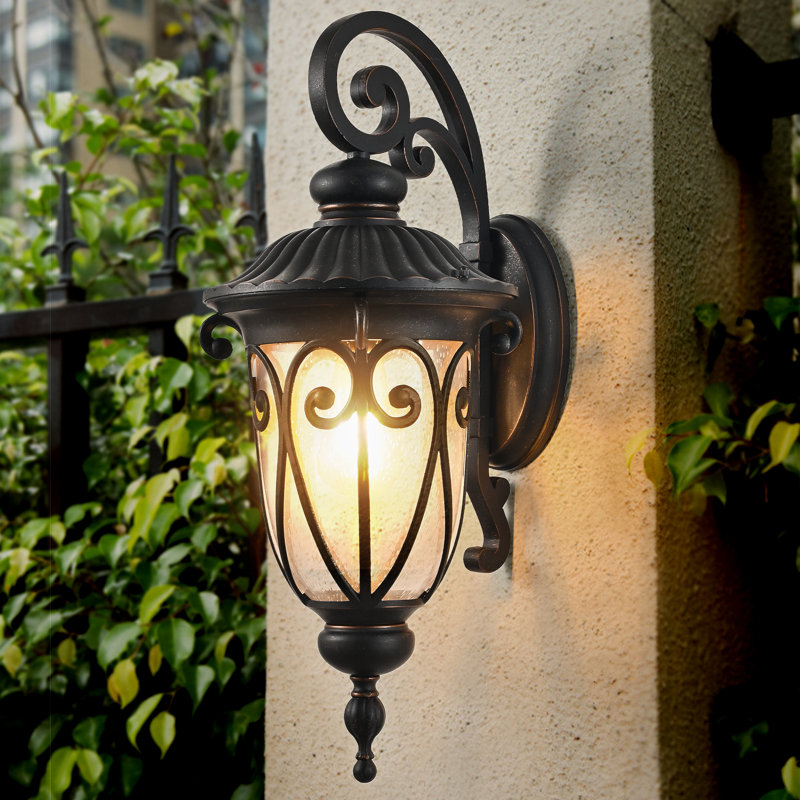 Classic Outdoor Wall Lantern, Black Vintage Wall Sconce With Bubble Glass, Weatherproof Exterior Light Fixture