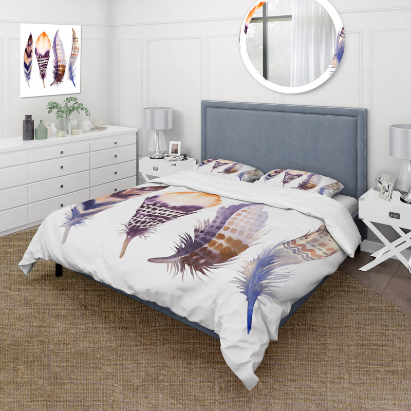 Ensemble de housse de couette bohémien et éclectique - plumes de bohème mauves - polyester microfibre