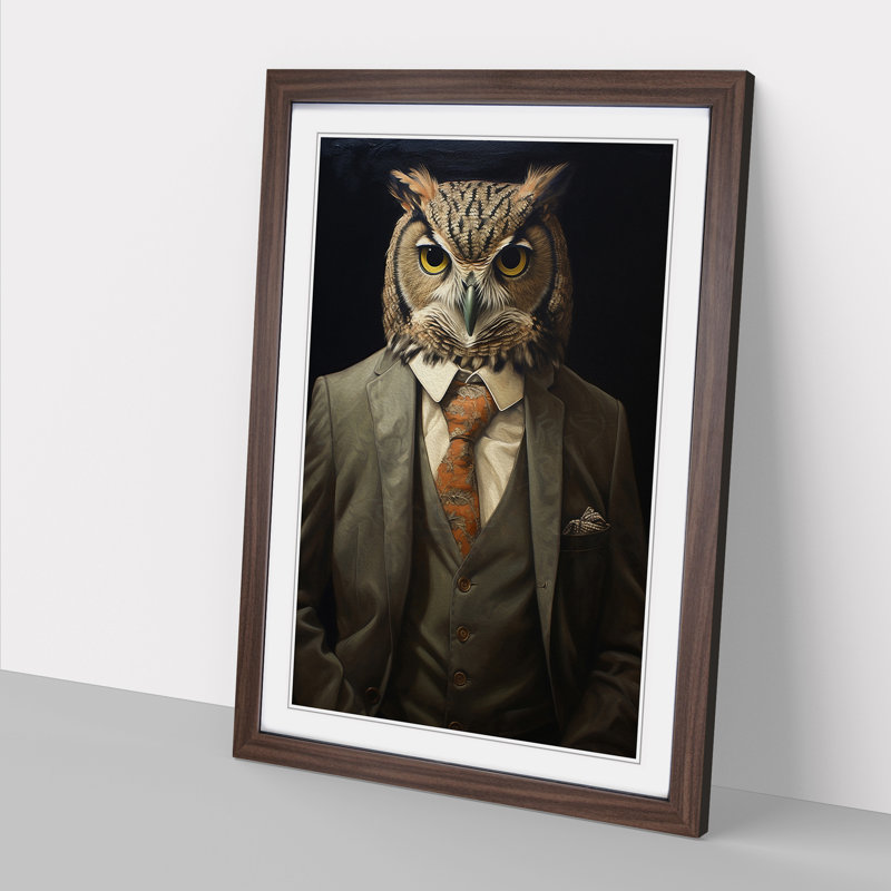 Owl In A Suit Painting - Single Picture Frame Print on Wood, Walnut Framed, 34cm H x 25cm W x 2cm D
