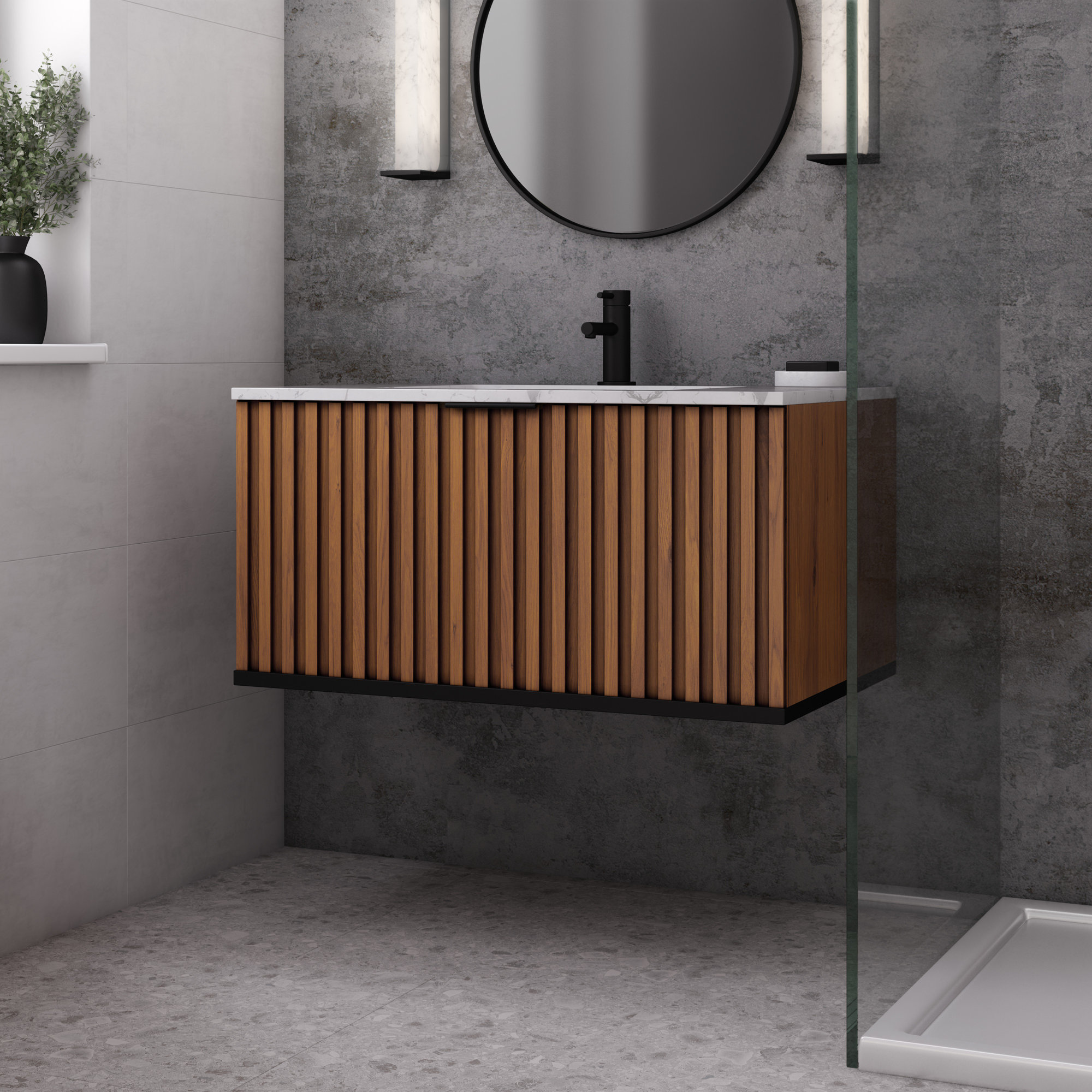 Terra 36'' Single Bathroom Vanity, Walnut, Matte Black, Carrara Marble/Single Faucet Mount