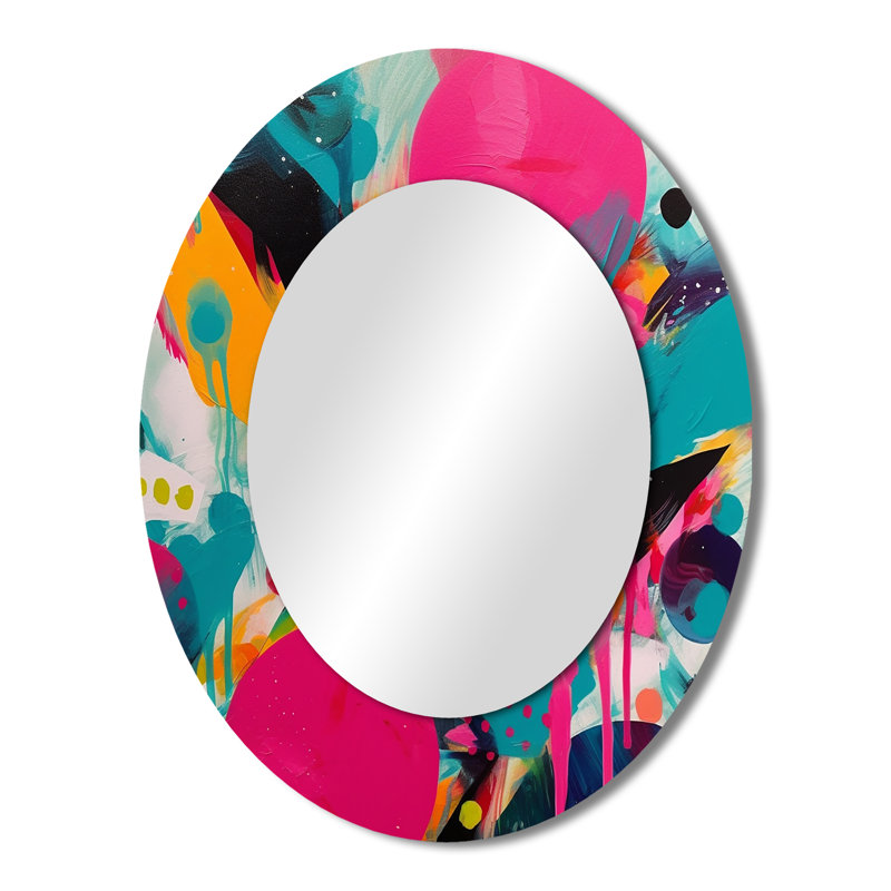 Pink And Turquoise Abstract Enigma I - Pink Modern Oval Wall Mirror, 43" x 33"