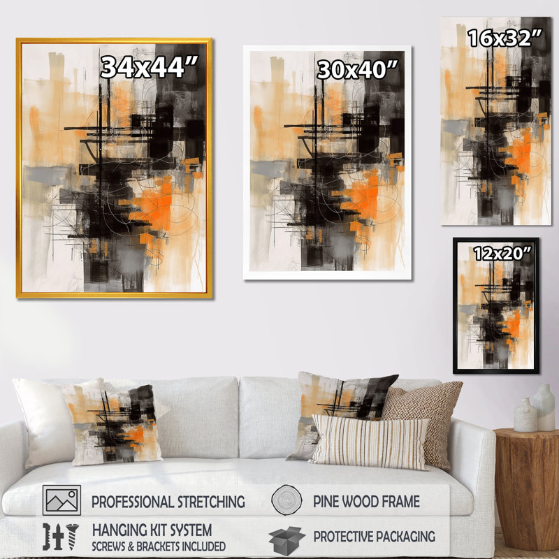 «Abstract Design Shapes II - Abstract Collages», art mural sur toile, H 44 po x l 34 po x P 1,5 po, Cadre flottant doré