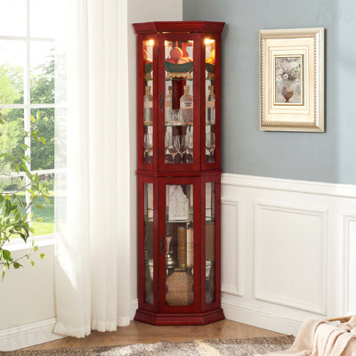 Cherry Lighted Corner Curio Storage Organizer Cabinet Glass Display Shelf With Tempered Glass Doors Adjustable Shelving And Included Bead Bulb Ideal Bar Cabinet For Home Decor