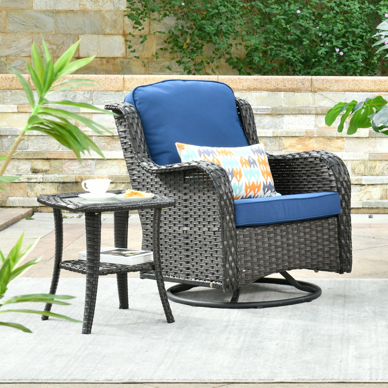 Rocking Swivel Patio Wicker Lounge Chairs With Cushions And Table, Brown, Navy