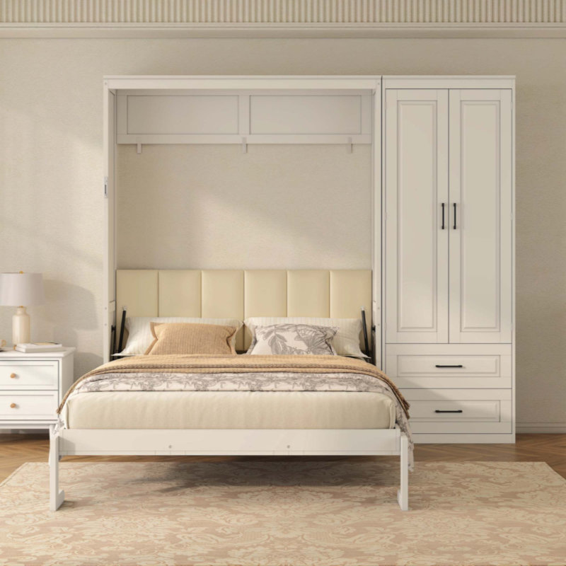 Lit escamotable avec armoire de rangement et tiroirs, tête de lit tapissier Murphy, White