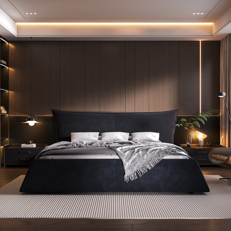 Très grand lit avec tête de lit - Revêtement en velours et tête de lit plateforme à lattes en bois stable, expérience de sommeil paisible en métal solide