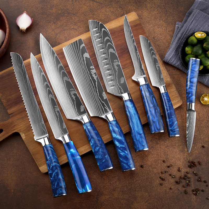 Senken Knives Senken Knives 8-Piece Japanese Kitchen Knife Set With Damascus Blade Pattern & Blue Resin Handles - Cerulean Collection Professional Chef Knife Set with Gift Box