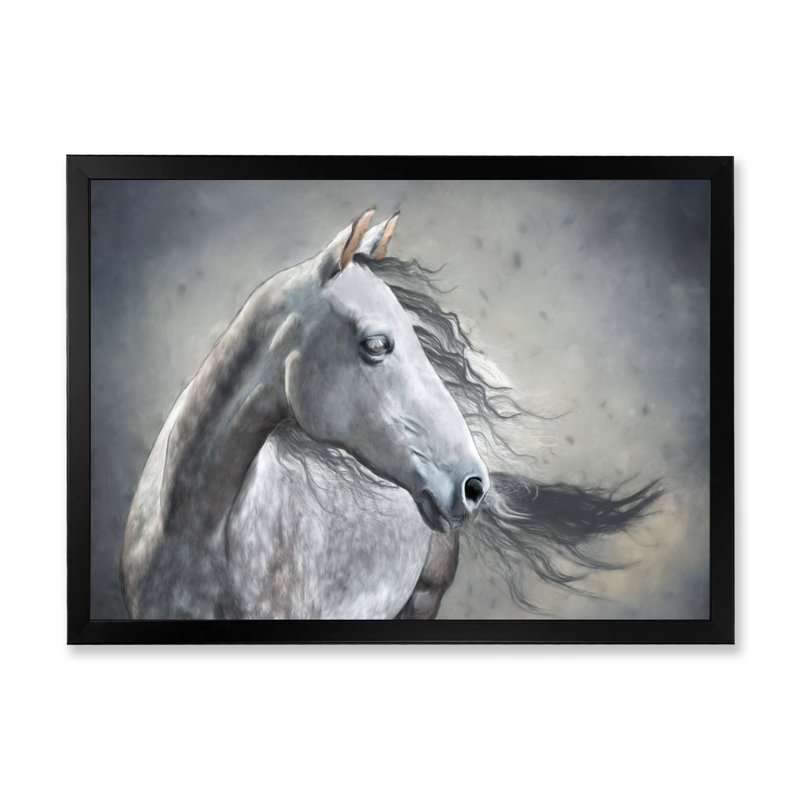 Portrait monochrome d'un cheval sauvage - peinture sur toile, H 16 po x l 32 po x p 1 po, Cadre noir