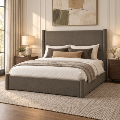 Lit plateforme rembourré Coletti avec tête de lit de 131,6 cm (51,8 po) de hauteur et 2 grands tiroirs de rangement en bois, beige, format Queen