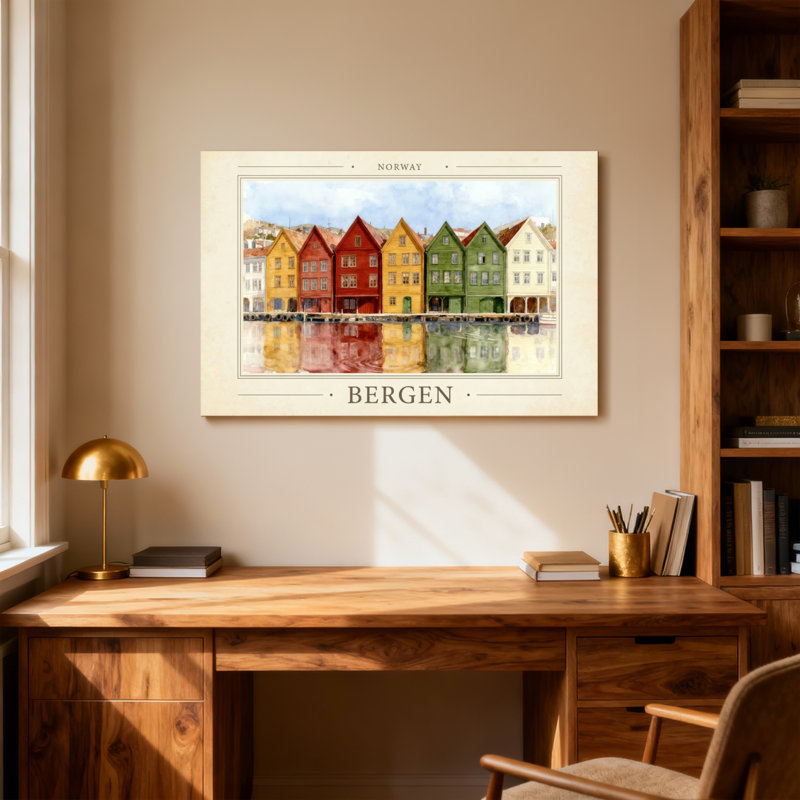 Paysages pittoresques et urbains, reflet de l'eau, Norvège, Bergen, H 32 po x l 48 po