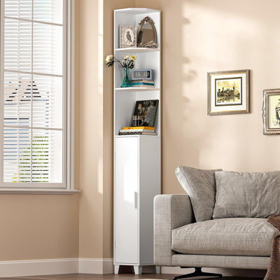 Armoire d'angle avec porte, bibliothèque étroite à 5 niveaux de 74,8 po avec tablettes réglables, rangement et présentoir pour petits espaces, blanc