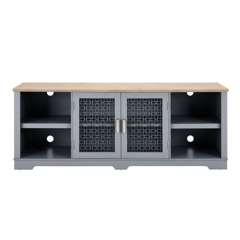 Console de télévision bleue et en chêne avec trous pour la gestion des câbles, ajustement de 80 po, l 70 po x P 15,27 po, H 26,66 po, meuble de divertissement fonctionnel et support, pour téléviseur, rangement pratique