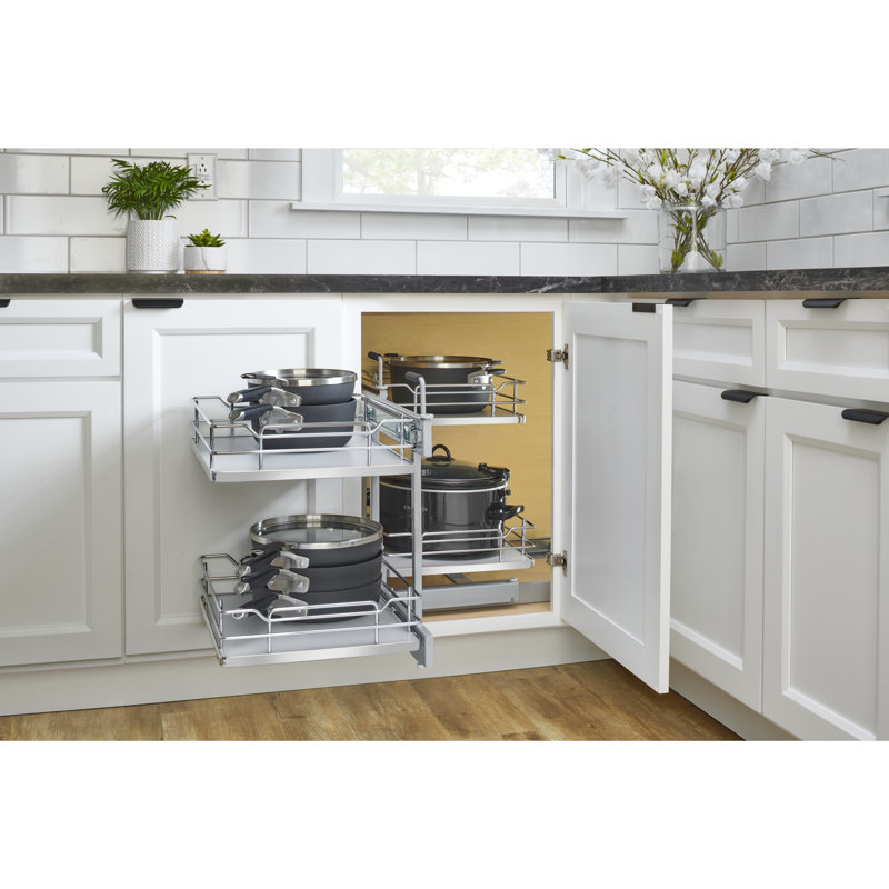 Steel Two-Tier Pullout Solid Bottom Organizer For Blind Corner Cabinets W/ Soft-Close, Grey, 23.66" H x 26.4" W x 20.4" D