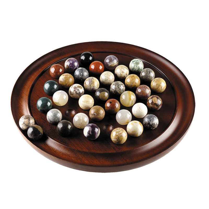 Honey Distressed French Wood Solitaire Game Set with Hand Blown Glass Marbles
