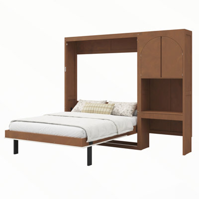 Lit escamotable avec armoire de rangement latérale, éclairage DEL, bureau intégré et portes d'armoire cintrées