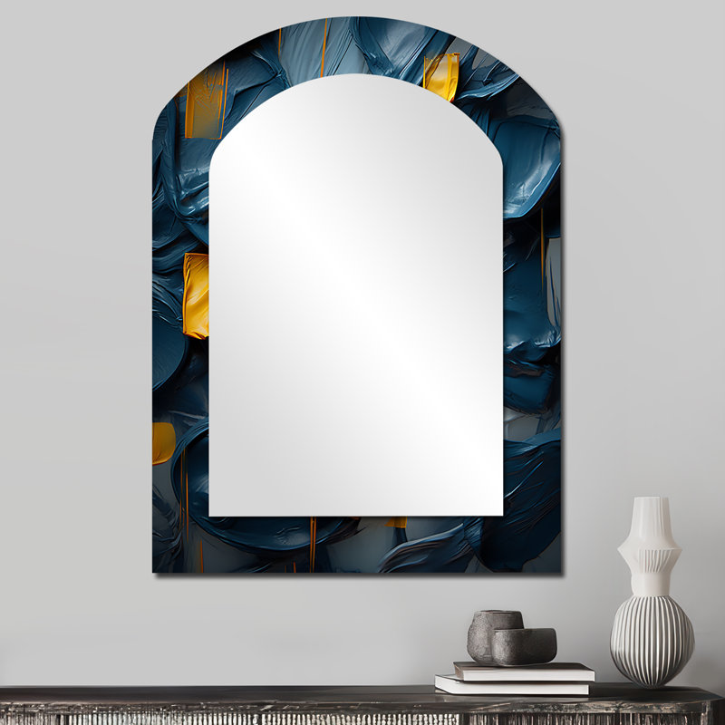 Spring Bliss Abstract Turquoise And Yellow I - Abstract Painting Arch Large Mirror, Modern Asymmetrical Unique Wall Mirror Decor, Printed Metal Art