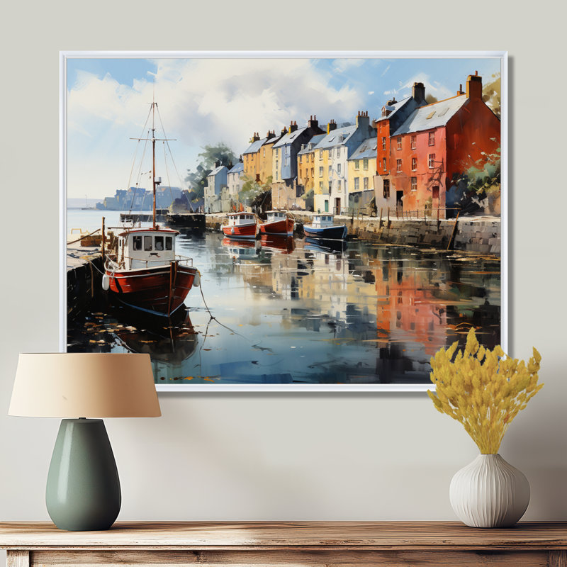«Ireland Peaceful Harbor Villagean», art mural Irlande, Cadre flottant blanc, H 24 po x l 32 po
