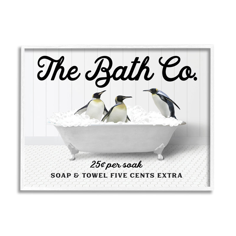" Bubble Bathtub Penguins ", 16" H x 20" W x 1.5" D, Coastal White Framed Giclee
