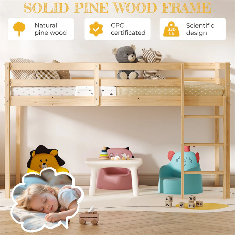 Lit mezzanine simple en bois massif avec plateforme pour tout-petits et escalier, Beige