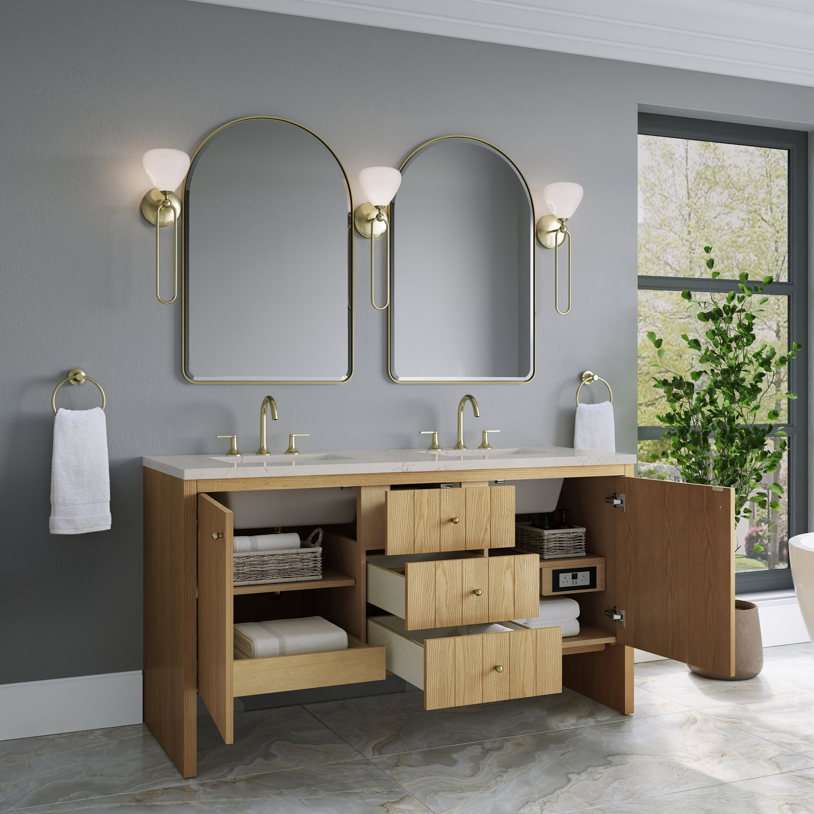 Hudson 60'' Double Bathroom Vanity, Light Natural Oak, Siberian, 8" Widespread