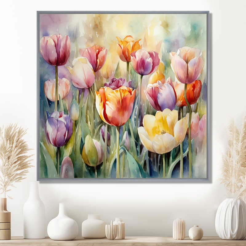 Jardin des tulipes - art mural tulipe, H 24 po x l 24 po x P 1 po, Encadrement argenté